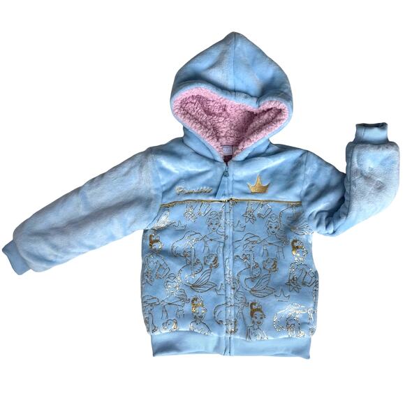 Disney Princess Sherpa Lined Jacket Girls 5 Light Blue Pink Gold Hood Winter SEE - Picture 1 of 13